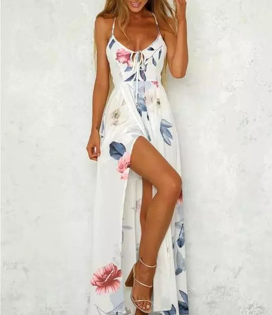 Casual backless dress, elegant beach spaghetti strap midi dress for women. Chic Bohemia style.