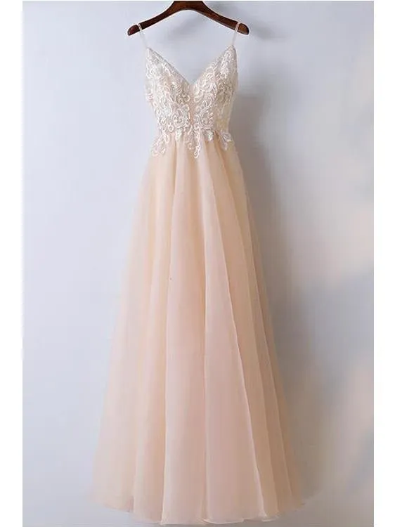 Champagne A-Line Graduation Dress with Lace Top and Spaghetti Straps