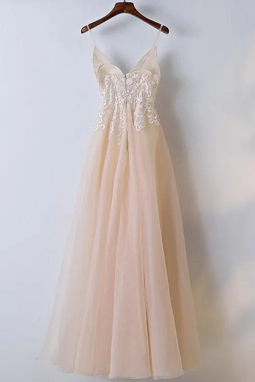 Champagne A-Line Graduation Dress with Lace Top and Spaghetti Straps