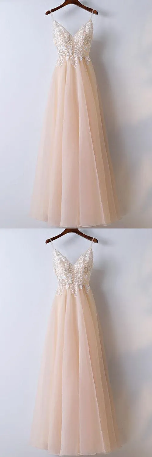 Champagne A-Line Graduation Dress with Lace Top and Spaghetti Straps