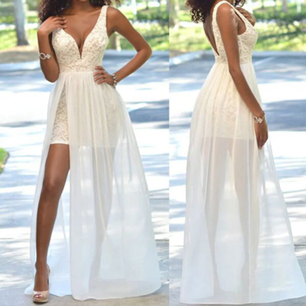 Ivory Lace Side Slit Chiffon Wedding Party Dress - WD0048 - Affordable and Stylish