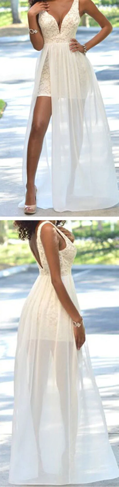 Ivory Lace Side Slit Chiffon Wedding Party Dress - WD0048 - Affordable and Stylish