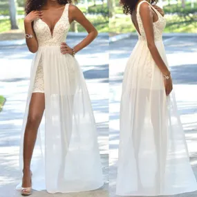 Ivory Lace Side Slit Chiffon Wedding Party Dress - WD0048 - Affordable and Stylish