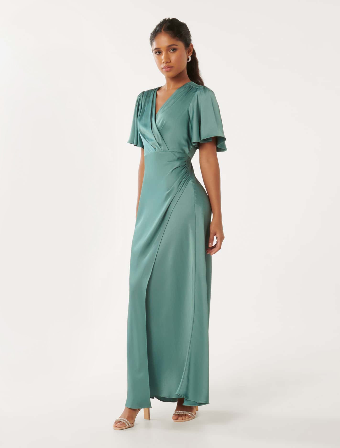 Chelsea Flutter Sleeve Satin Maxi Dress