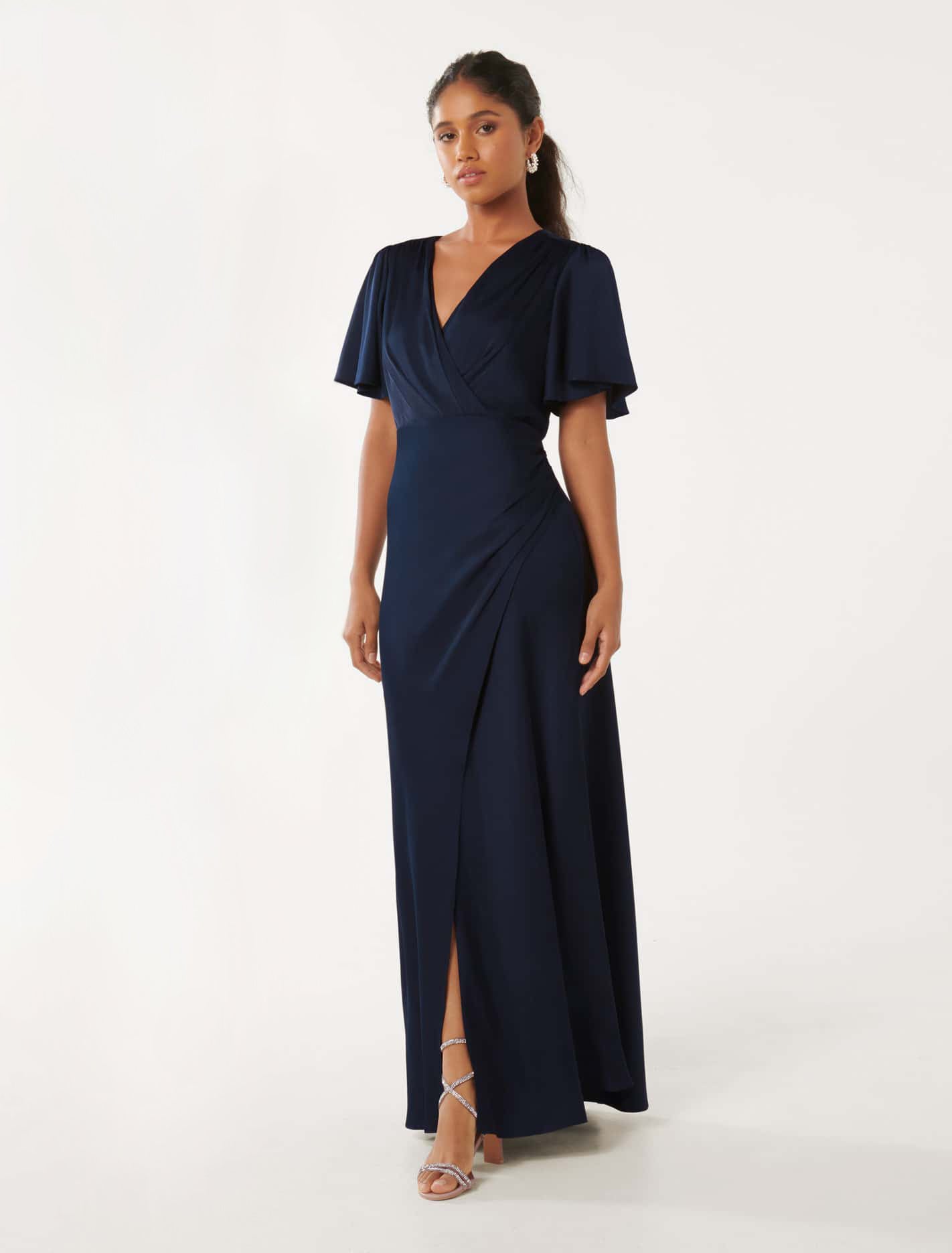 Chelsea Satin Maxi Dress with Petite Flutter Sleeves