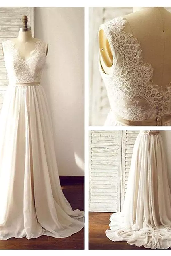 Chiffon beach wedding dress long lace V-neck backless - result.