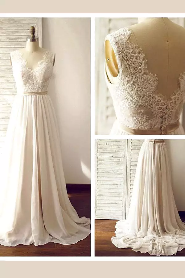 Chiffon beach wedding dress long lace V-neck backless - result.