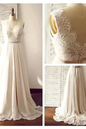 Chiffon beach wedding dress long lace V-neck backless - result.