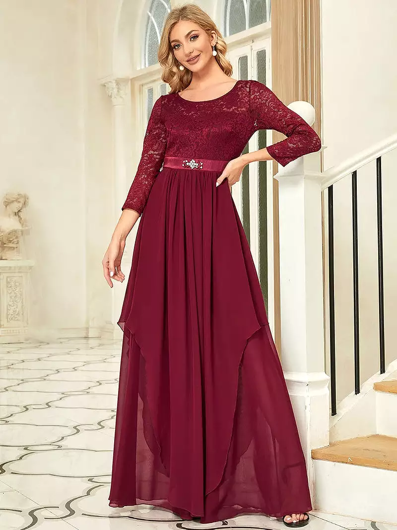 Chiffon Dress with Lace Sleeves | Round Neck Long Sleeve Dress