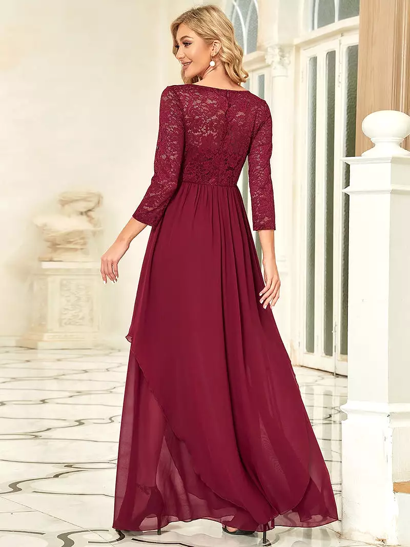 Chiffon Dress with Lace Sleeves | Round Neck Long Sleeve Dress