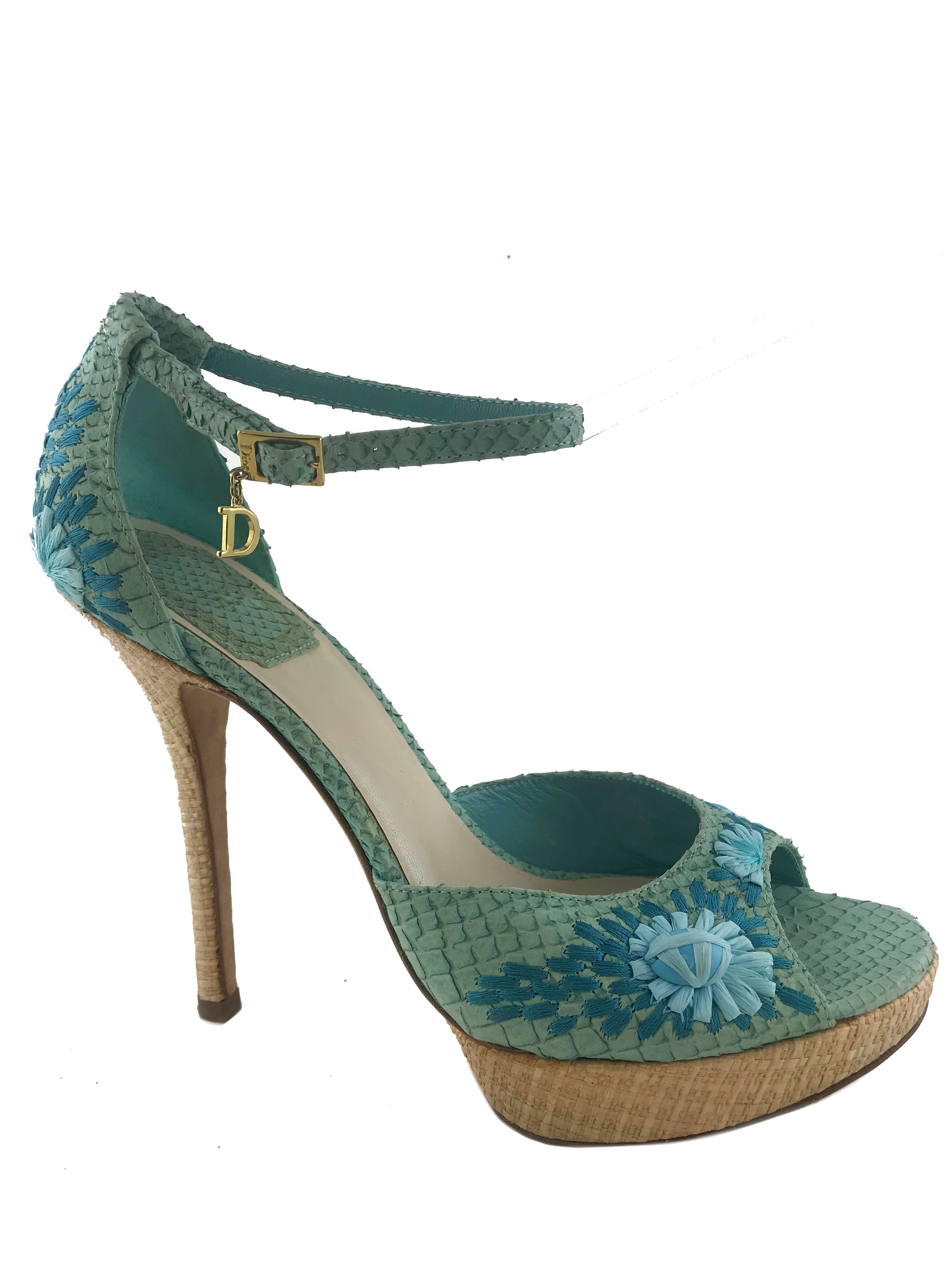 Christian Dior Straw Platform Sandals, Snakeskin Charm, Size 8.5