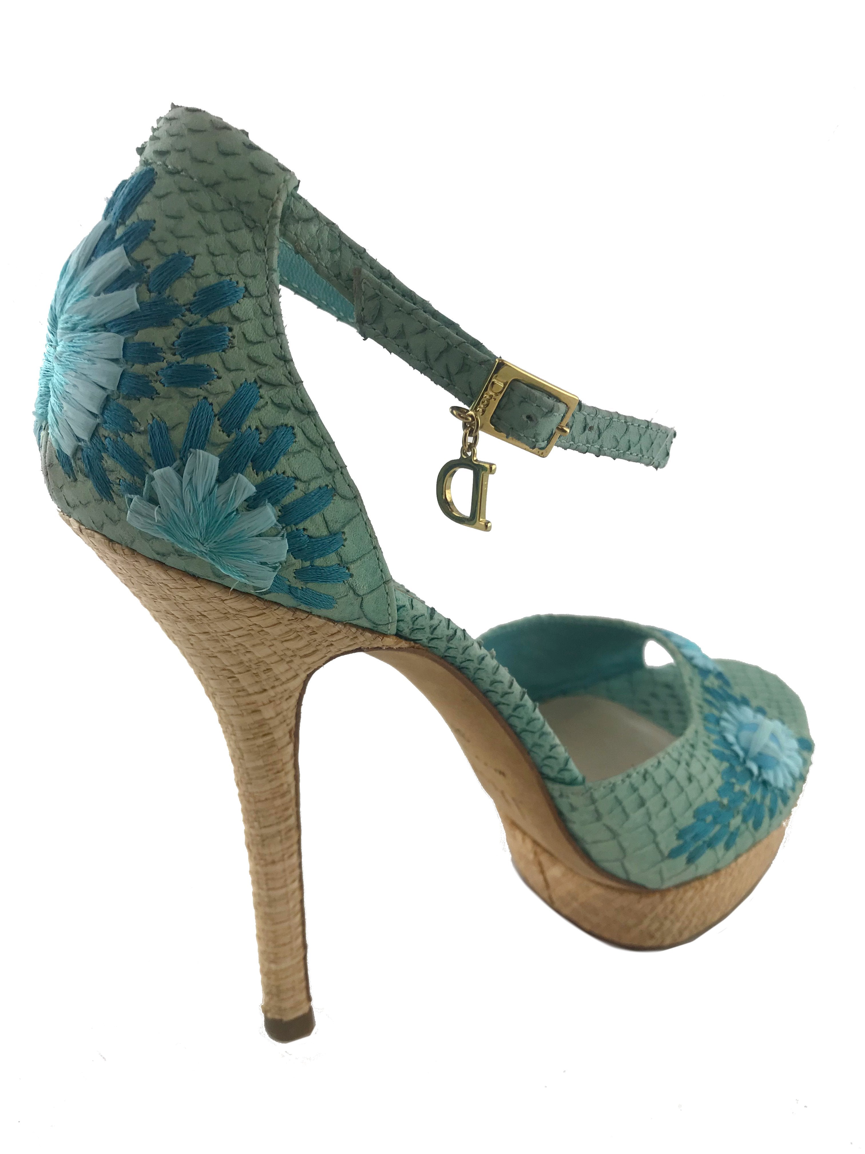 Christian Dior Straw Platform Sandals, Snakeskin Charm, Size 8.5