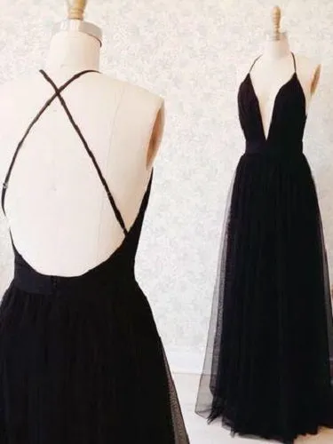 Black Cross Back Spaghetti Strap Deep V-Neck Tulle Prom Dress