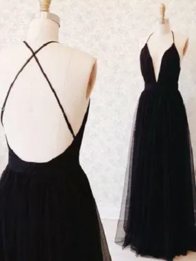 Black Cross Back Spaghetti Strap Deep V-Neck Tulle Prom Dress