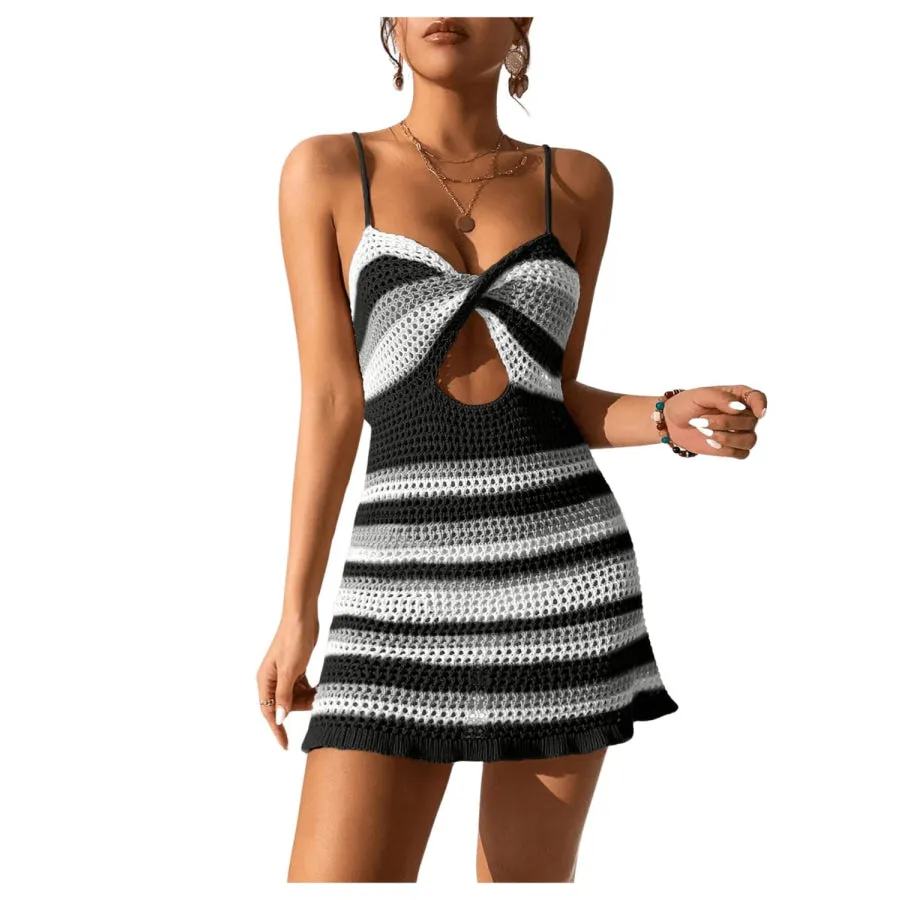 Cover Up Dress Cutout Striped Spaghetti Strap