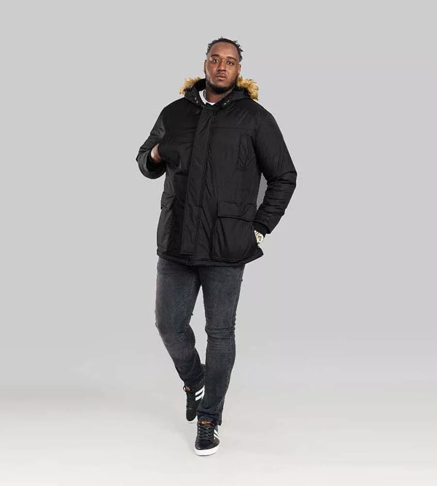 D555 Large Men's Black Parka Style Jacket With Optional Fur Trim (LOVETT BLACK)