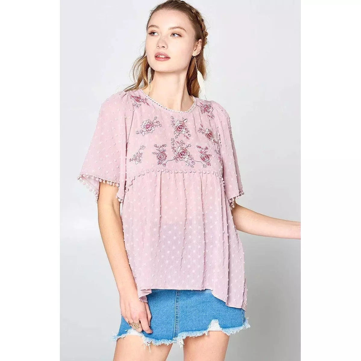 Detailed Lace Trim Bubble Chiffon Blouse