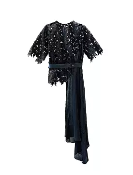 Embroidered Lace Top, Long Chiffon Side, Black