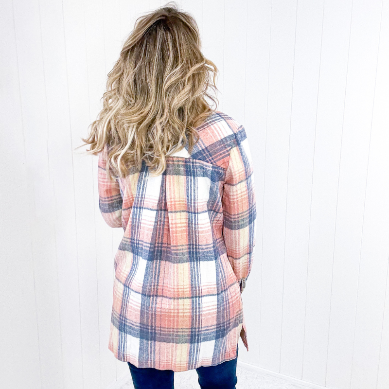 Flannel jacket, longline plaid button-down, lumberjack style.