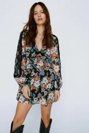 Chiffon Mini Dress with Floral Lace Trim