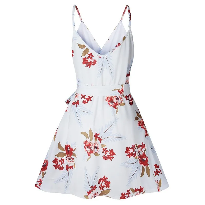 Floral Print Casual Sundress with Sashes V Neck Spaghetti Strap Backless A Line Dress