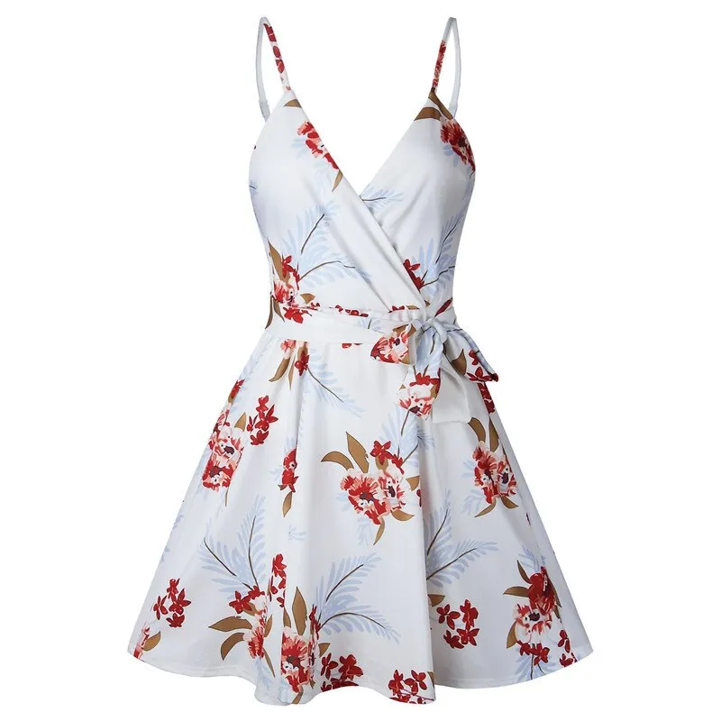 Floral Print Casual Sundress with Sashes V Neck Spaghetti Strap Backless A Line Dress