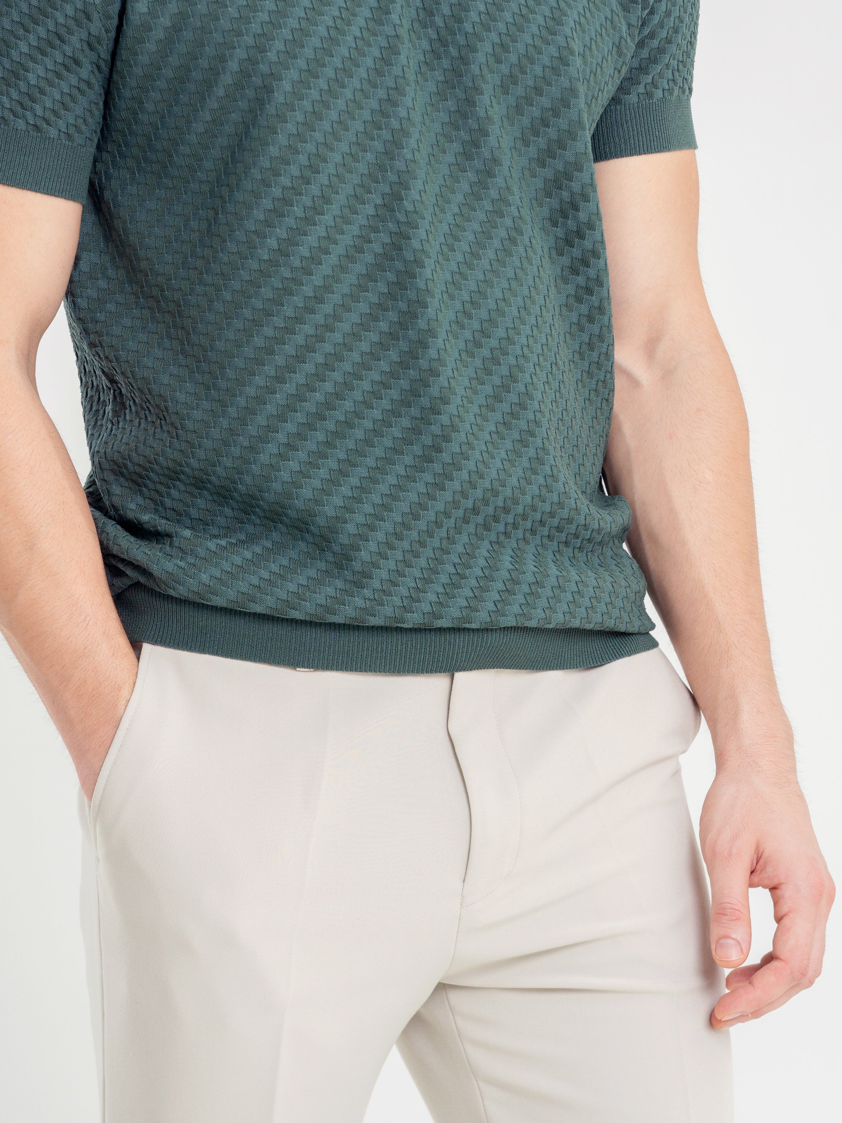 Forest Green Basketweave Knit Polo Tee