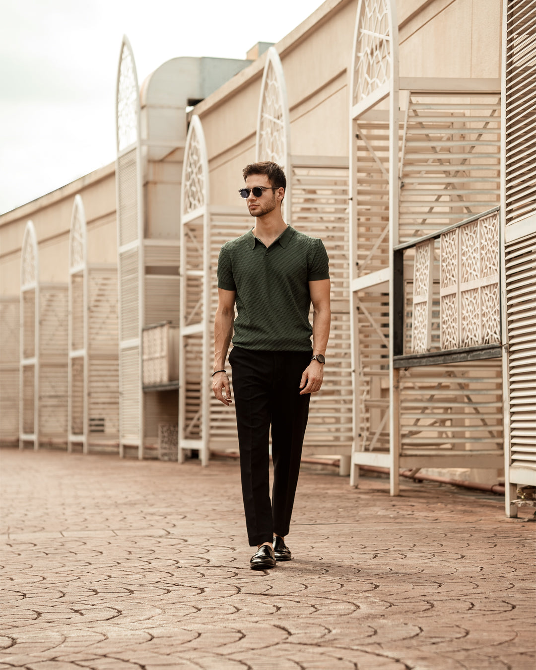 Forest Green Basketweave Knit Polo Tee