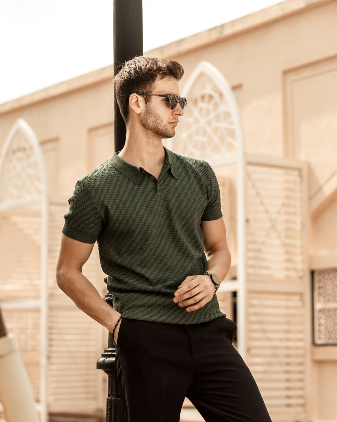 Forest Green Basketweave Knit Polo Tee