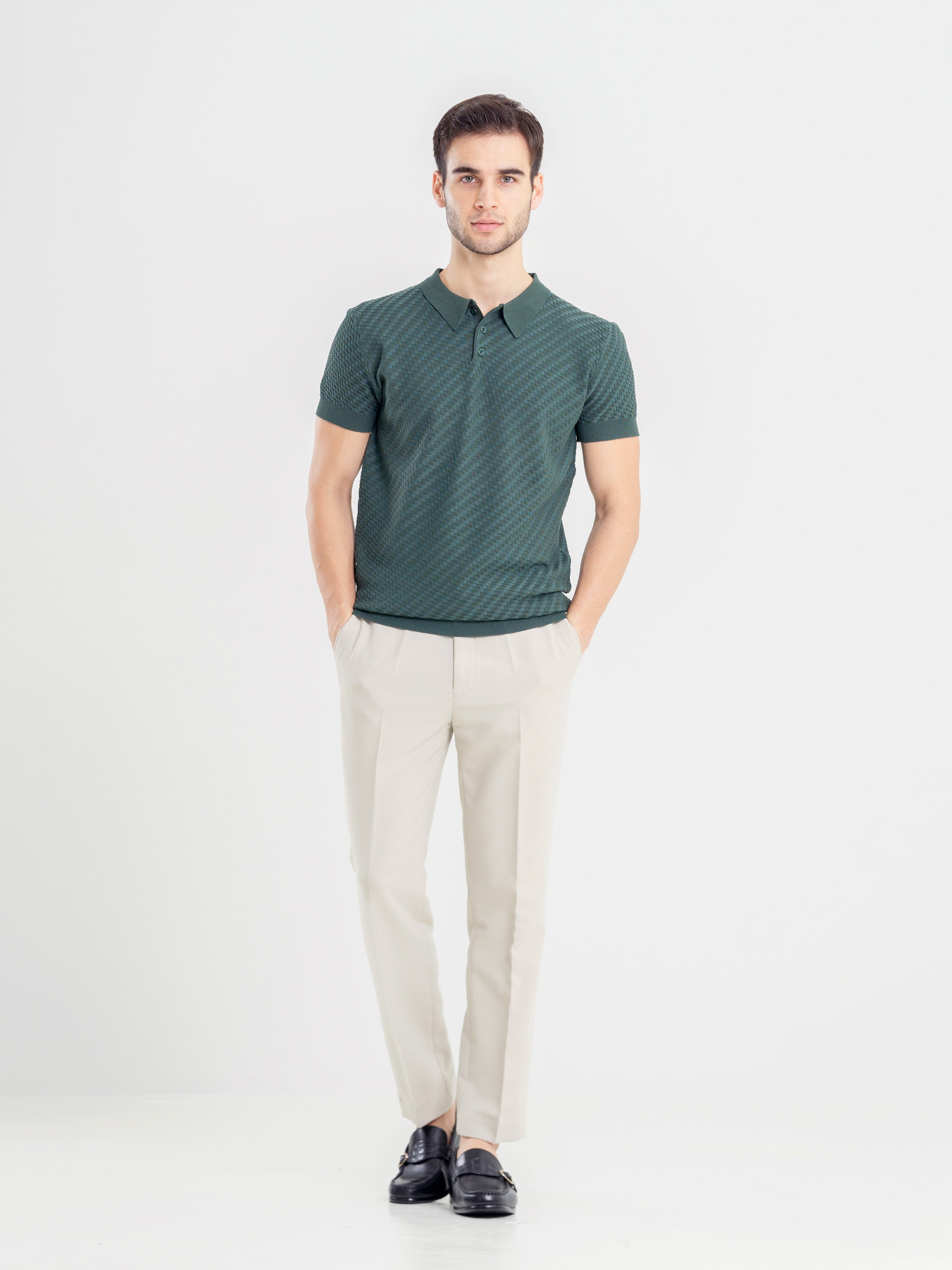 Forest Green Basketweave Knit Polo Tee