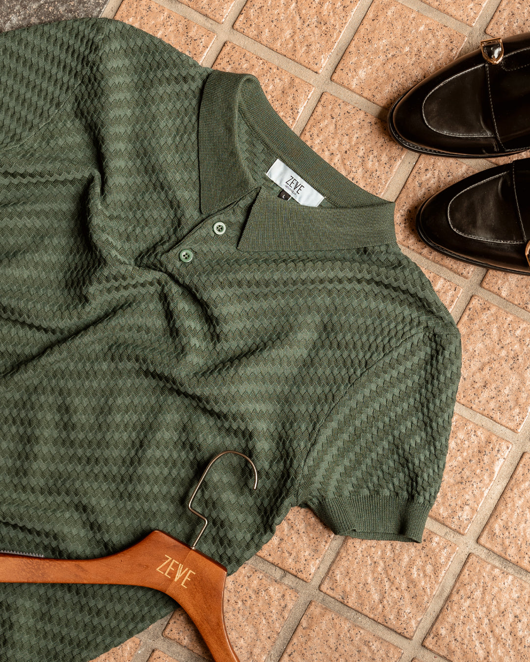 Forest Green Basketweave Knit Polo Tee