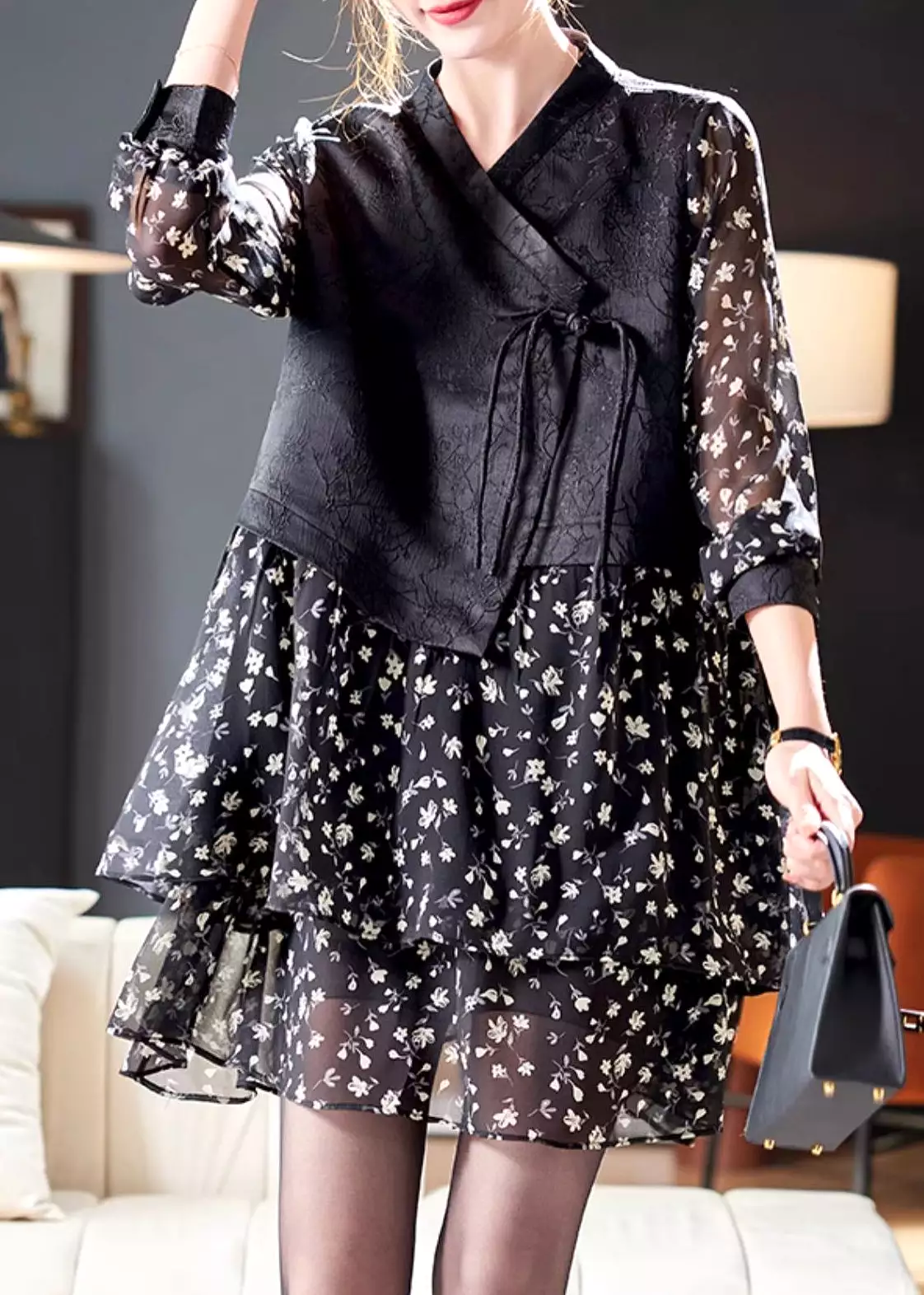 French Black Lace Up Patchwork Chiffon Mid Dress Spring QA1051