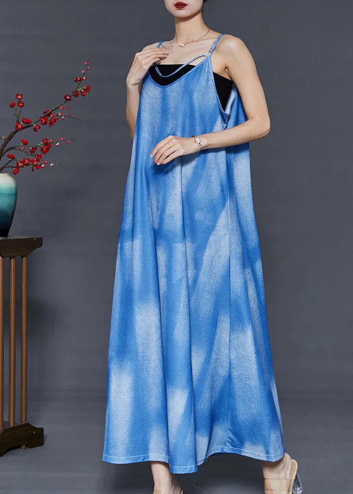 French Blue Tie Dye Cotton Spaghetti Strap Dress Summer for Women