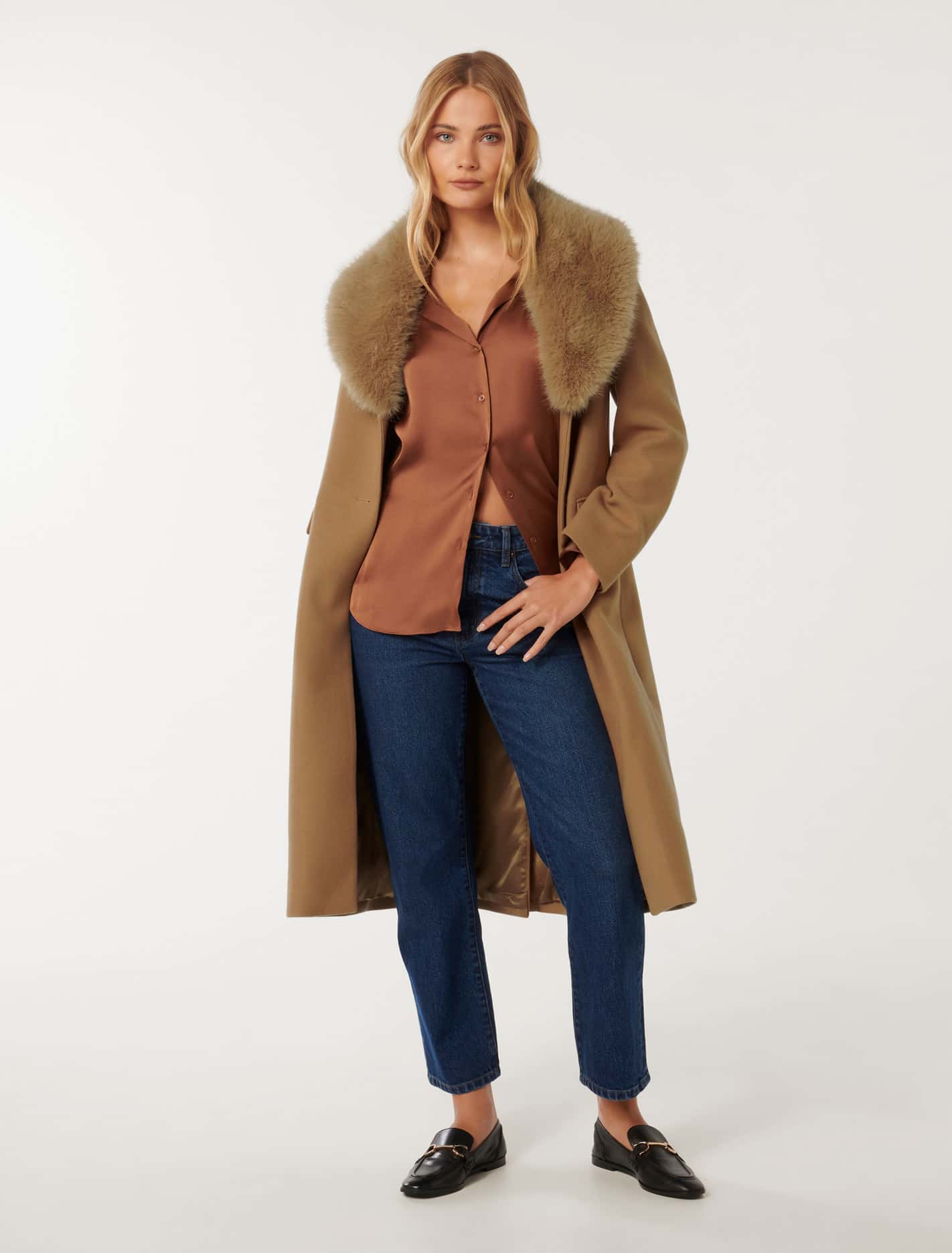 Fur Collar Coat in Amber color