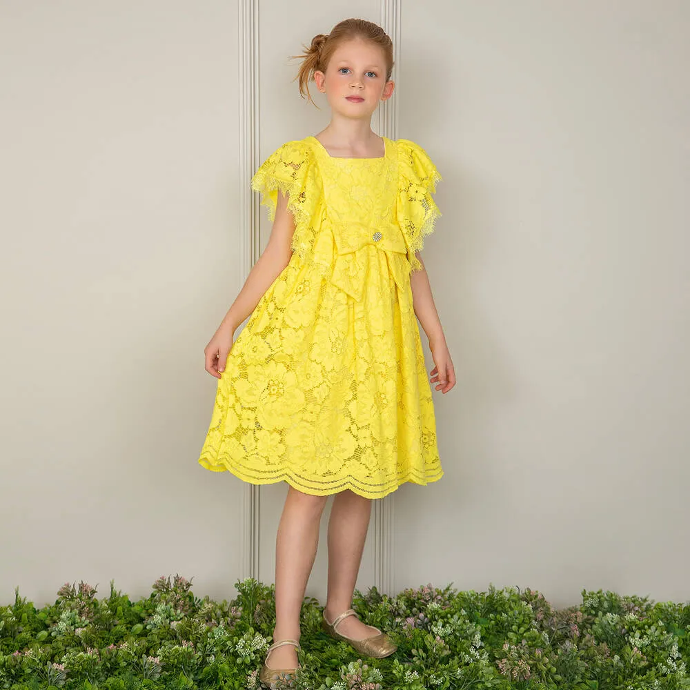 Yellow Lace Chiffon Dress for Girls