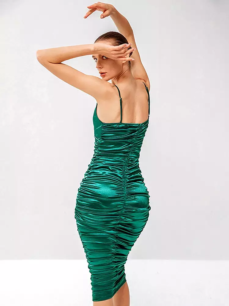 Green Backless Spaghetti Strap Midi Dress V Neck Sleeveless Pleated Casual Party Vestidos