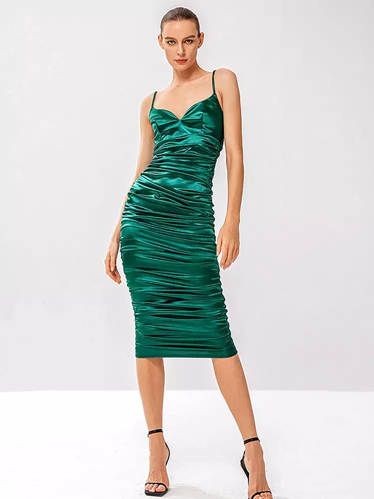 Green Backless Spaghetti Strap Midi Dress V Neck Sleeveless Pleated Casual Party Vestidos