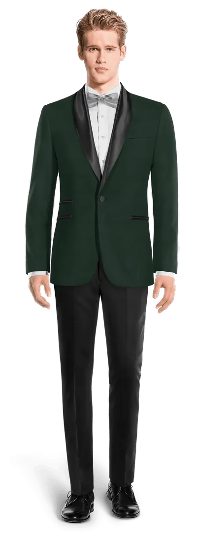 Green forest blazer with black essential lapel and black pants.