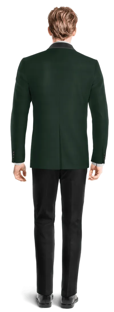 Green forest blazer with black essential lapel and black pants.