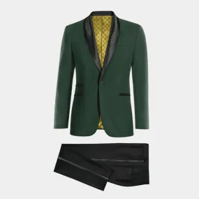 Green forest blazer with black essential lapel and black pants.