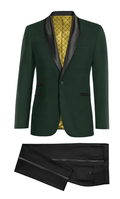 Green forest blazer with black essential lapel and black pants.