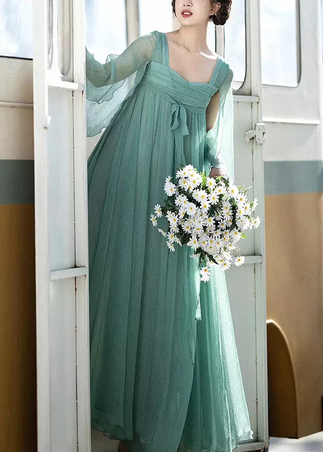 Green Square Collar Chiffon Dresses Summer