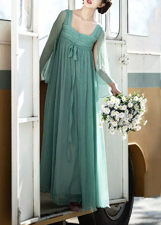 Green Square Collar Chiffon Dresses Summer