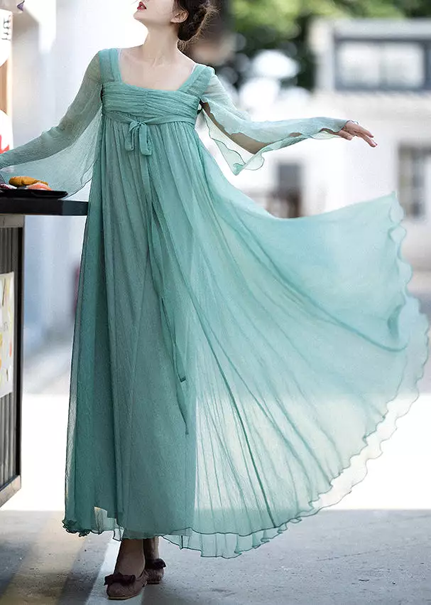 Green Square Collar Chiffon Dresses Summer