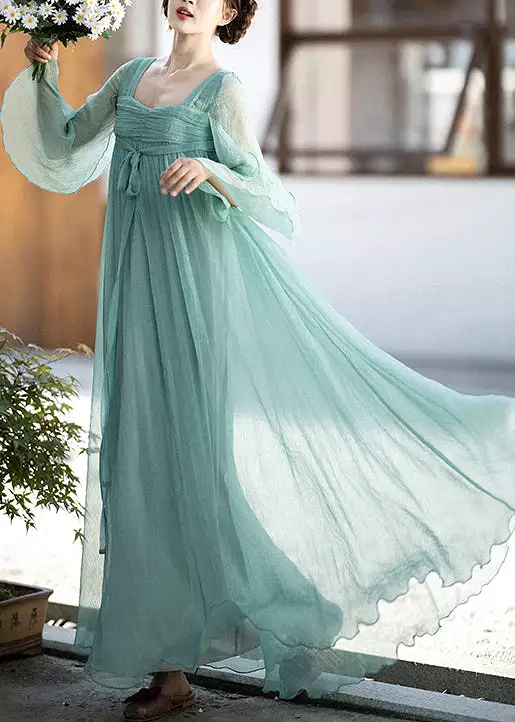 Green Square Collar Chiffon Dresses Summer