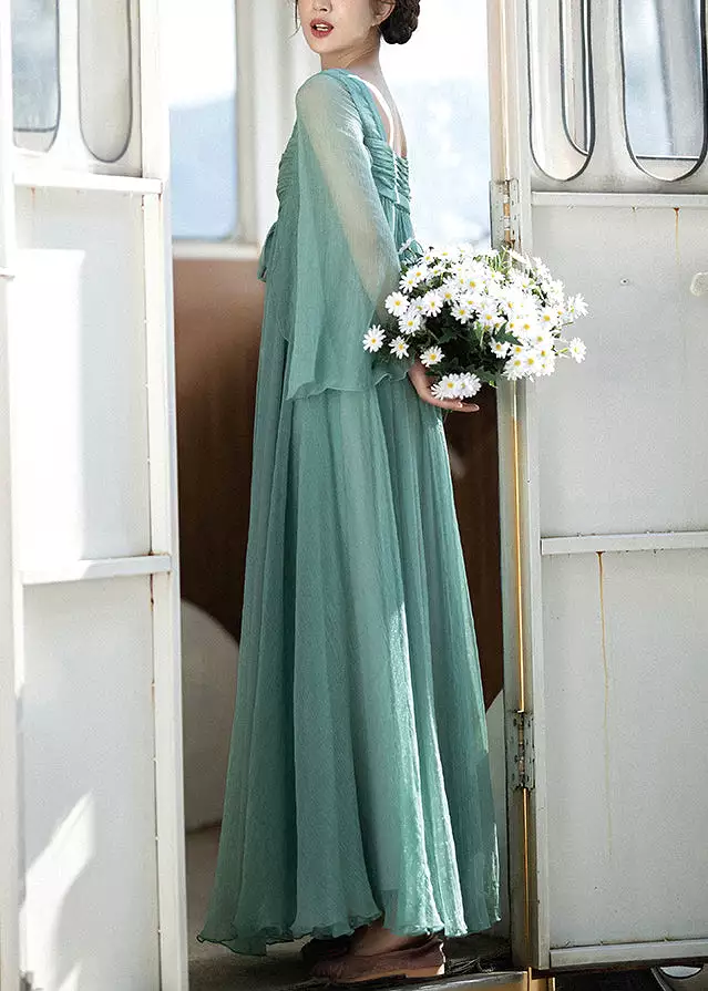 Green Square Collar Chiffon Dresses Summer