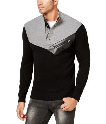 INC Men's Faux-Leather Trim Pullover Sweater with Four Snaps