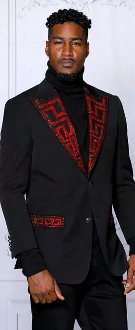 INSOMNIA MZS-532 Black Red Velvet Sport Coat with Slim Fit and Rhinestones