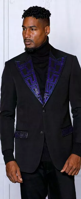 INSOMNIA MZS-532 Black Royal Velvet & Rhinestones Slim Fit Sport Coat