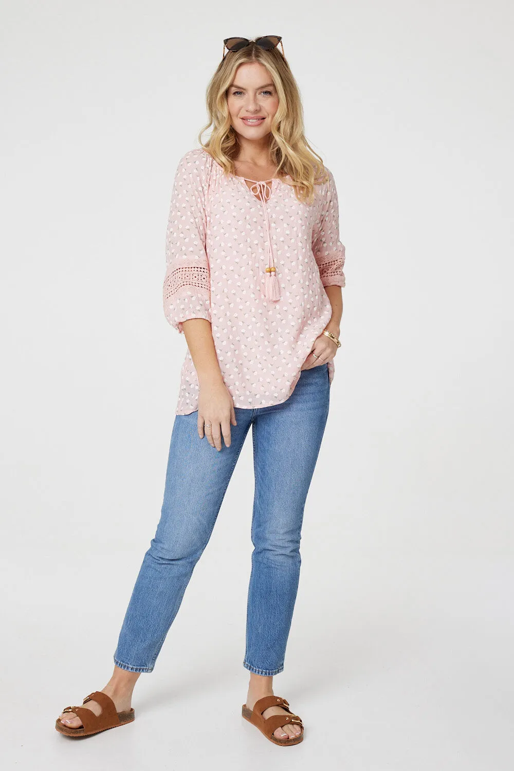 Floral Lace Three Quarter Sleeve Blouse by Izabel London